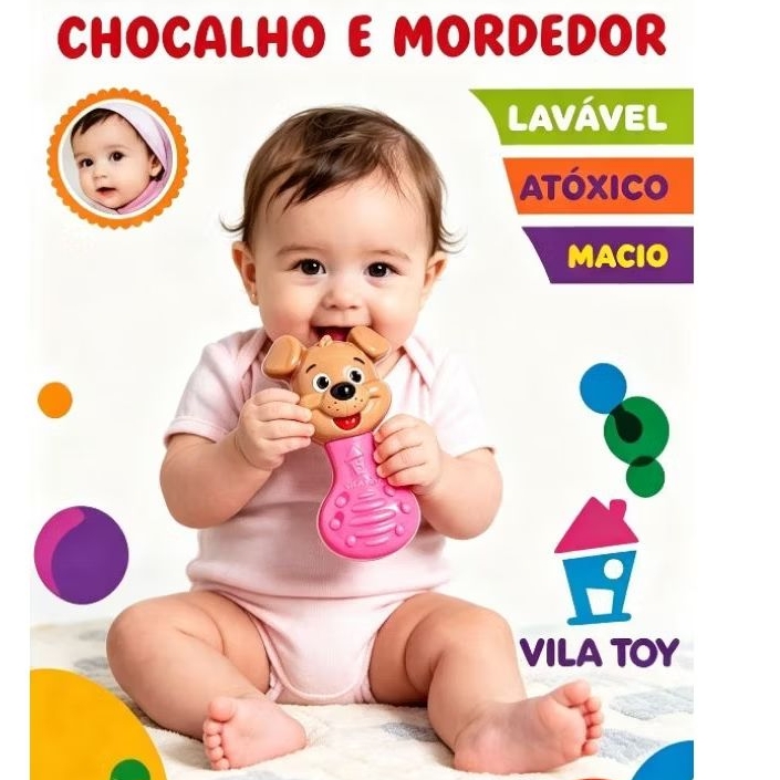 Chocalho e Mordedor de Cachorrinho – Cores Sortidas | Macio e com Som Suave | Brinquedo Sensorial Para Bebês