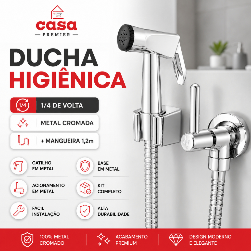 Ducha Higiênica 1/4 De Volta Metal Cromada Chuveirinho Banheiro Completa 1,2m