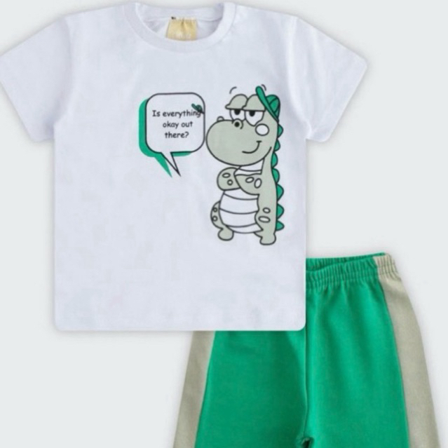 Conjunto Infantil Menino Ollelê Dinossauro Camiseta Manga Curta Reforço no Ombro Short Confortável Algodão Tam P M G