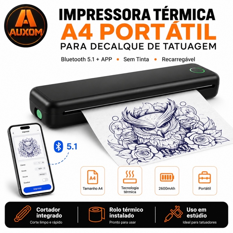 Impressora Térmica A4 Portátil para Decalque de Tatuagem Sem Tinta Bluetooth 5.1 com APP