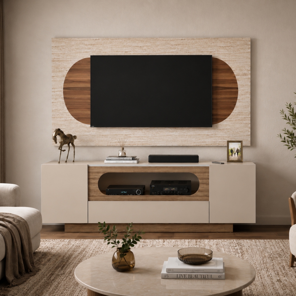 Rack e Painel Home Theater MDF 136cm para TV Off White Amadeirado Bancada Decorativa para Sala de Estar Completa