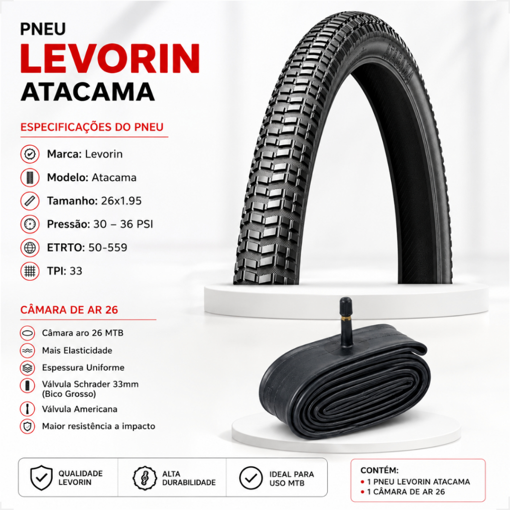 Pneu Levorin Atacama Aro 26 x 1.95 + Camara de ar Shiver bico grosso Bicicleta Bike Mtb Dh