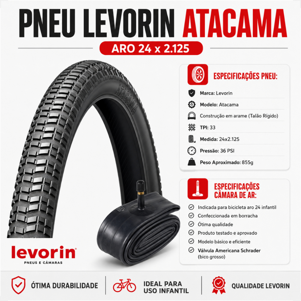 Pneu Levorin Atacama aro 24 x 2.125 + Camara Shiver Bicicleta Eletrica Sousa Infantil bmx scooter