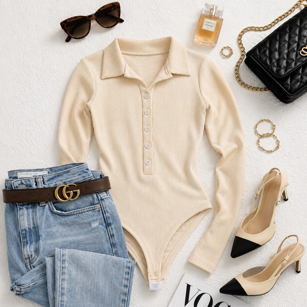 Body Feminino Canelado Gola Polo com Botões Manga Longa Body Cacharrel Elegante