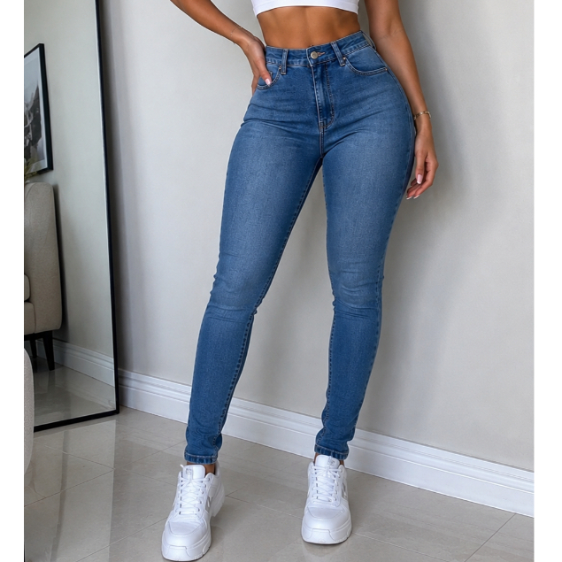Calça Jeans Feminina Skinny de frio Cintura Alta com efeito levanta bumbum justa com Modeladora