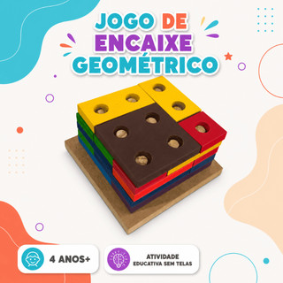 Jogo de Encaixe Geométrico 8 Formas MDF 17 Peças Coloridas Base Pinos Brinquedo Infantil Educativo