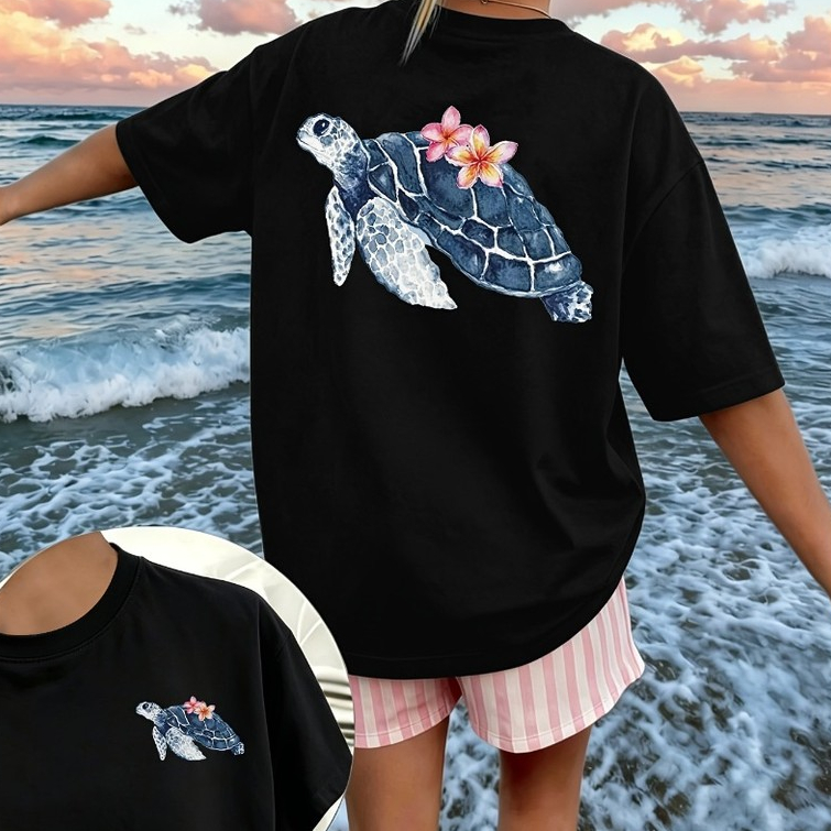 Blusinha Camiseta  elegante com estampado de tartaruga para meninas