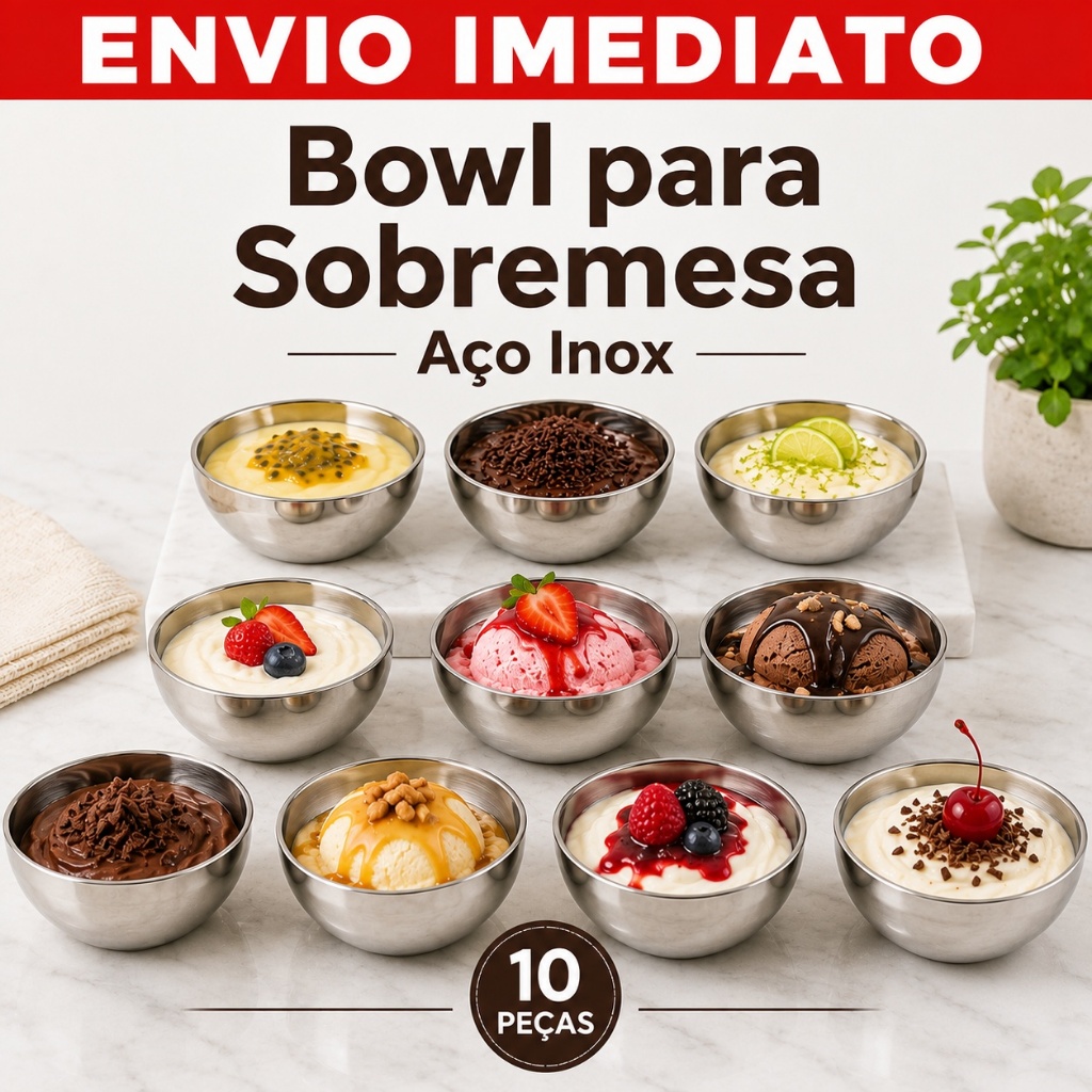 Conjunto Jogo Sobremesa Aço Inox Parede Dupla Multiuso Para Sorvete Frutas Petiscos Kit 10 Bowls
