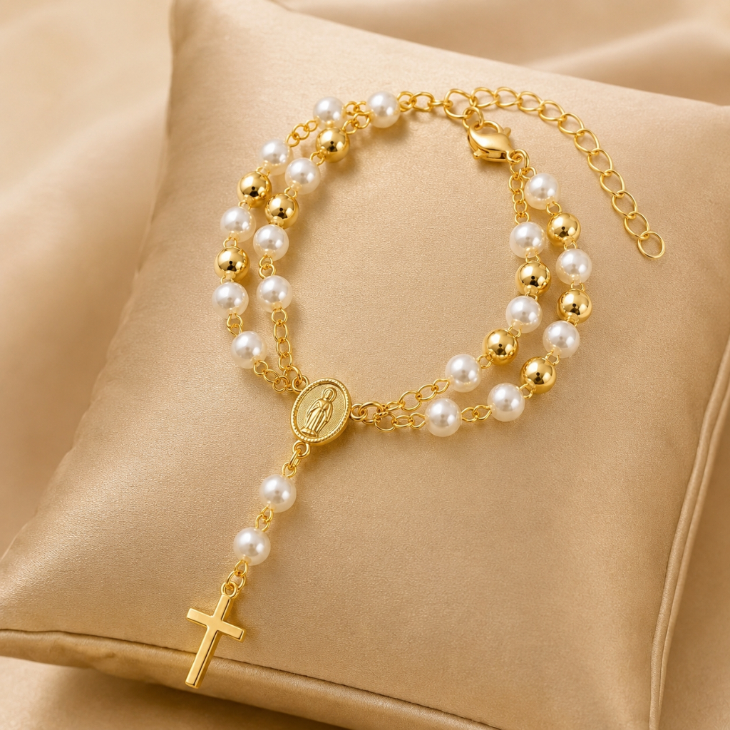 Pulseira Religiosa Nossa Senhora com Pérolas e Cruz Feminina Dourada ou Prata