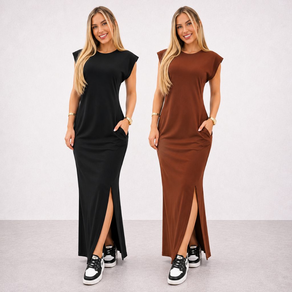 Vestido Longo Muscletee Feminino Casual Ombreira tubinho Moda plus size preto marrom