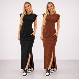 Vestido Longo Muscletee Feminino Casual Ombreira tubinho Moda plus size preto marrom