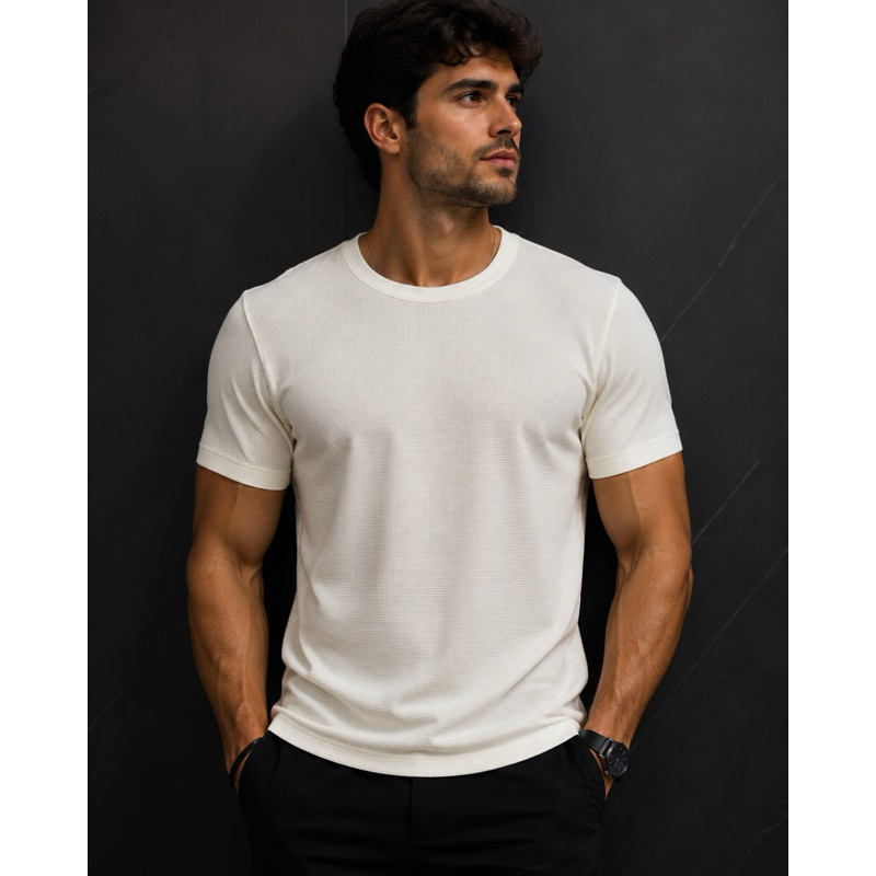 Camiseta Texturizada Casual Old Money Waffle Masculina Gola Redonda Malha Leve