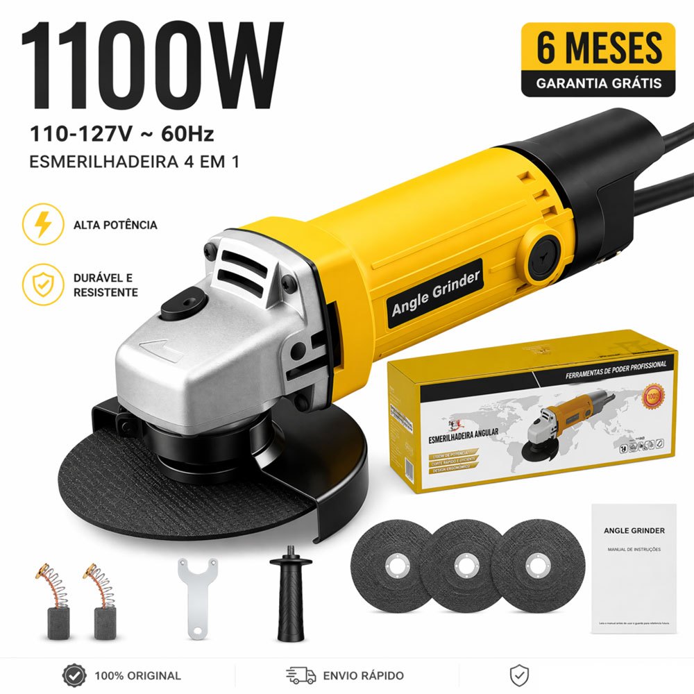 Esmerilhadeira Angular Elétrica 110-127V 1100W 115mm Profissional Para Corte E Desbaste