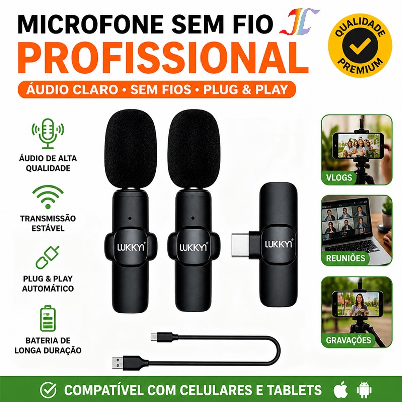 Microfone de lapela Tipo C sem fio com redução de ruído, transmissão ao vivo e gravação via Bluetooth K9-TC-2