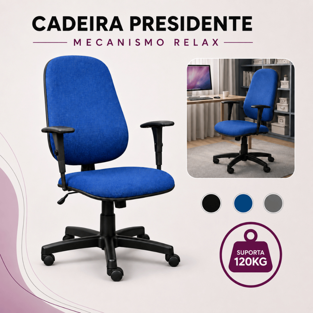 Cadeira Presidente Ergonômica Giratória Tecido com Mecanismo Relax para Escritório Home Office