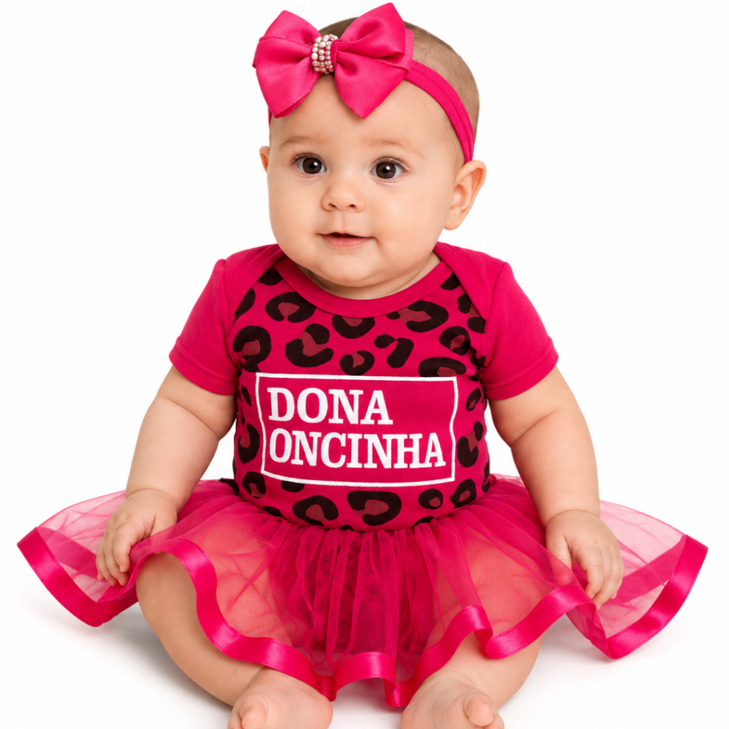 Body Bebê Menina Temático Personagem Dona Oncinha - Onça cor de rosa