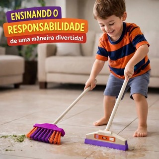 Kit Vassoura e Rodo Infantil Kit Com 2 Peças Tamanho Pequeno Menino e Menina Cores Neutras