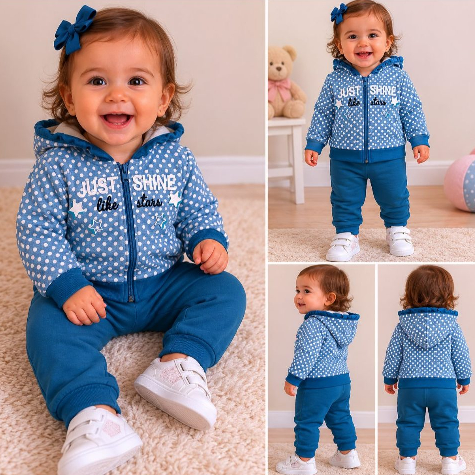 Conjunto Infantil Moletom Flanelado Quentinho com Capuz e Zíper Bebê Tamanho 1