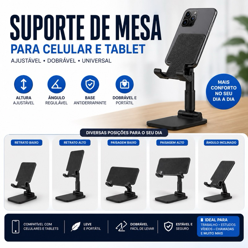 Suporte para Celular e Tablet Ajustável Dobrável Universal de Mesa Base Antiderrapante para iPhone Samsung Xiaomi