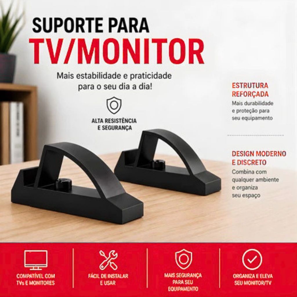 Kit Suporte de Mesa Ajustável Universal para TV e Monitor 12'' a 32'' Polegadas, Base Regulável Reforçada