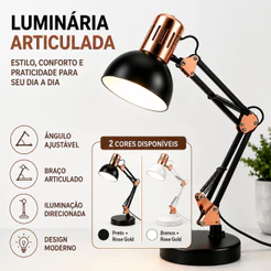 Luminária de Mesa Estilo Pixar Articulada 2 em 1 com Base e Garra E27 – Detalhes Rose Gold, Preta ou Branca