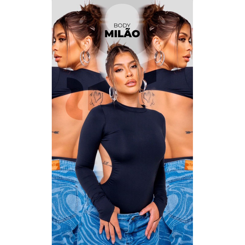 Body Milão Manga Longa Feminino Aberto Nas Costas Com Recorte Dedal Suplex Premium Preto Moda Gringa