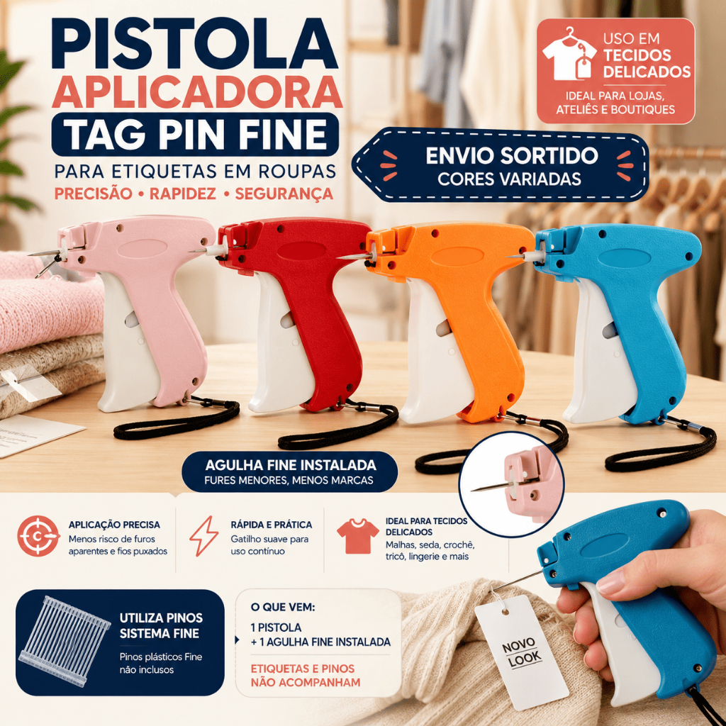 Pistola Aplicadora Tag Pin Fine  Manual Agulha Fina Fixa Etiqueta Preço Tamanho Tecidos Delicados