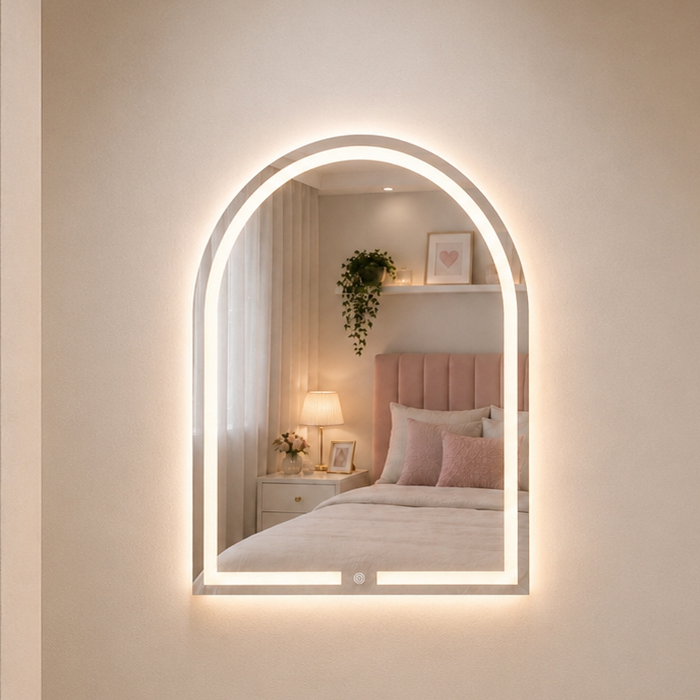 Espelho Oval Penteadeira C/ Led Jateado e Botão Touch 80x50cm 03 TONS DE LED Luz