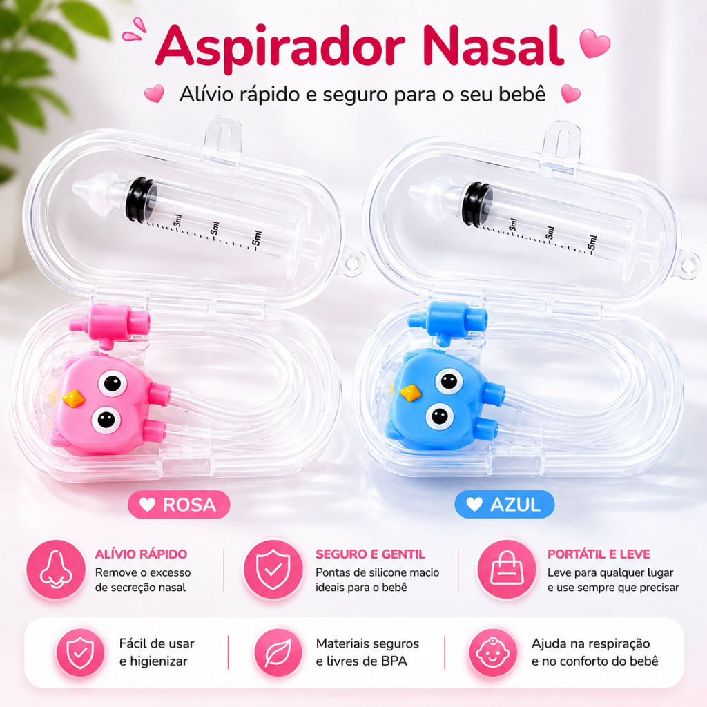 Aspirador Nasal Infantil com Estojo Silicone e Kit Higiêne do Bebê com Seringa Lavador Nariz