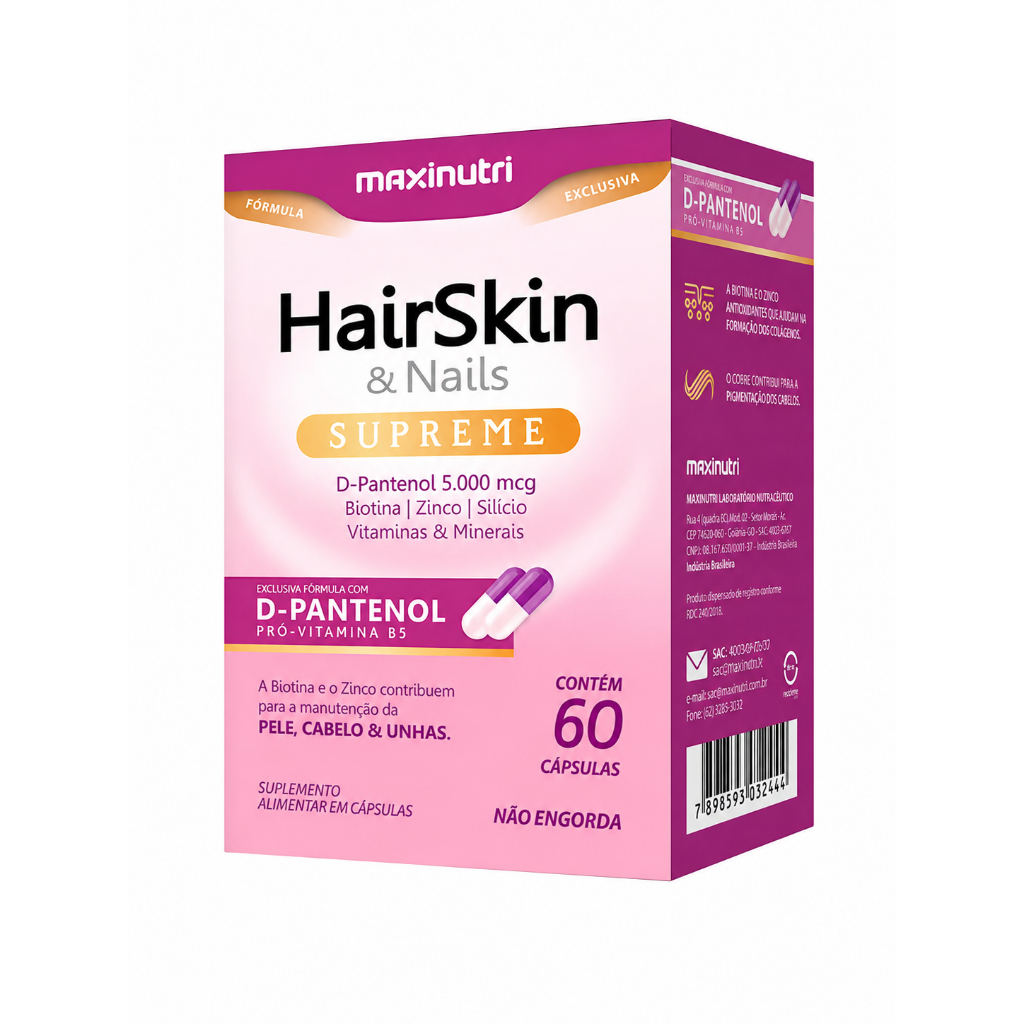 HairSkin Supreme D-Pantenol + Biotina - Nutrientes Pele Cabelos - 60 Cápsulas Maxinutri Original
