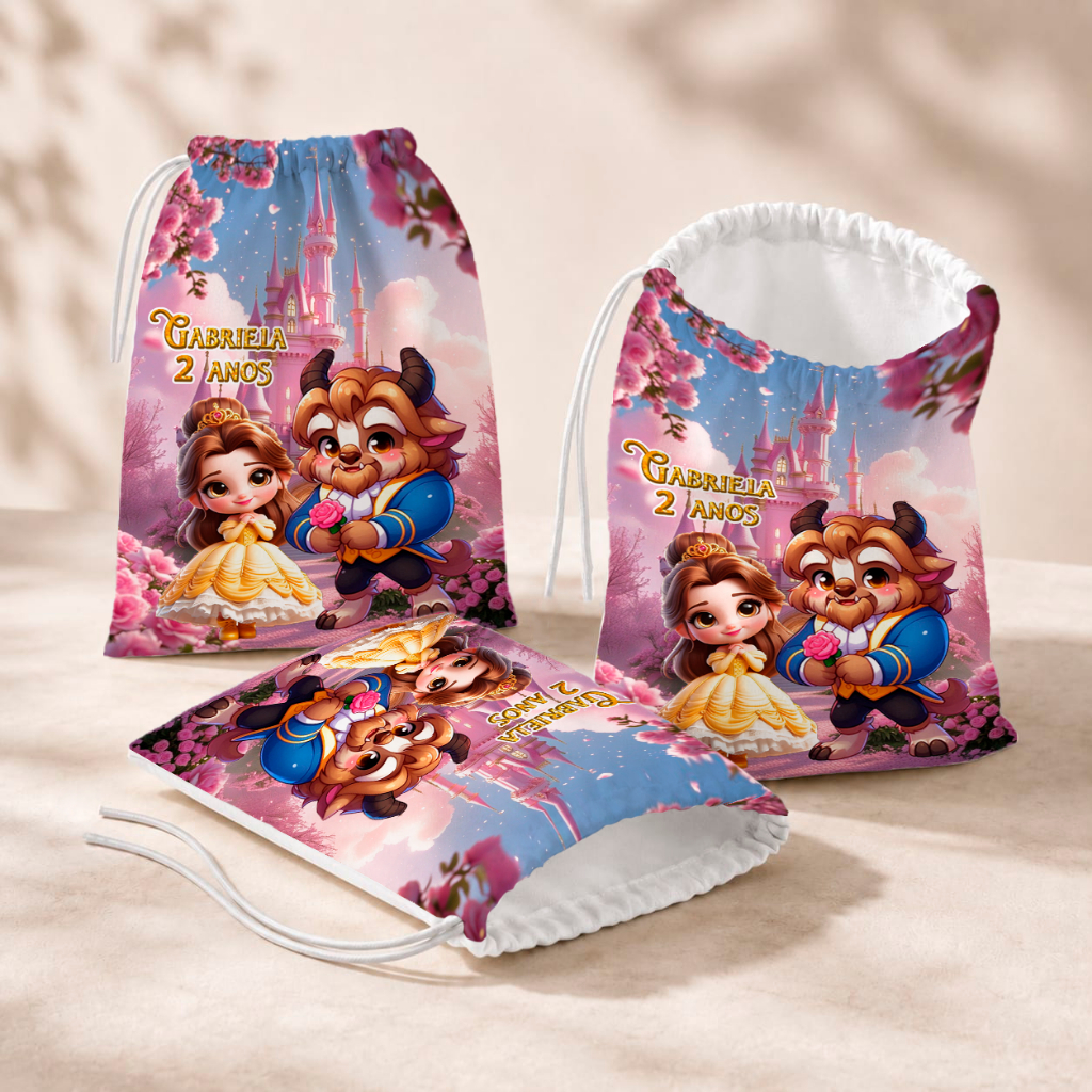 20 Sacolinhas Personalizada Festa Infantil 18x26 Aniversário Lembrancinha A Bela e a Fera Baby