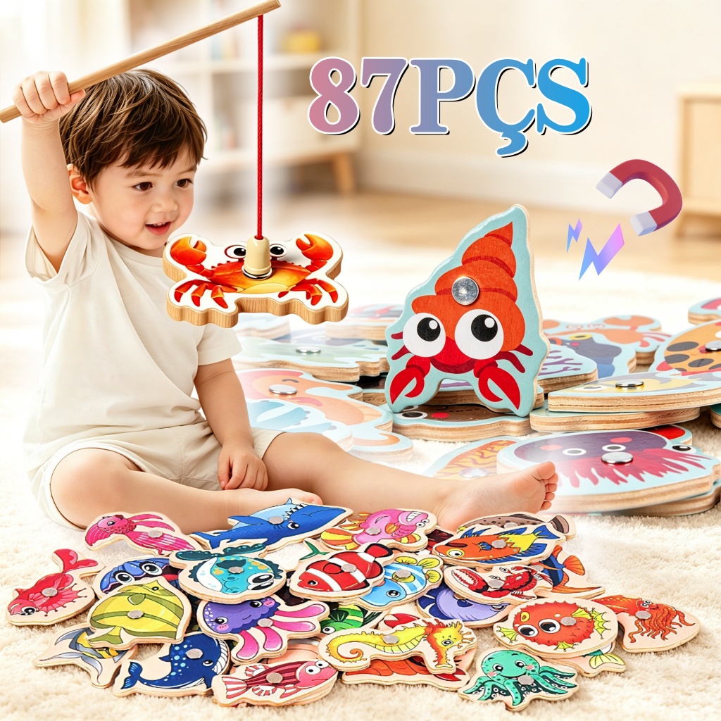 87pçs Peças Jogos de Pescaria Magnético de Madeira Brinquedos Montessori Educacional para Crianças