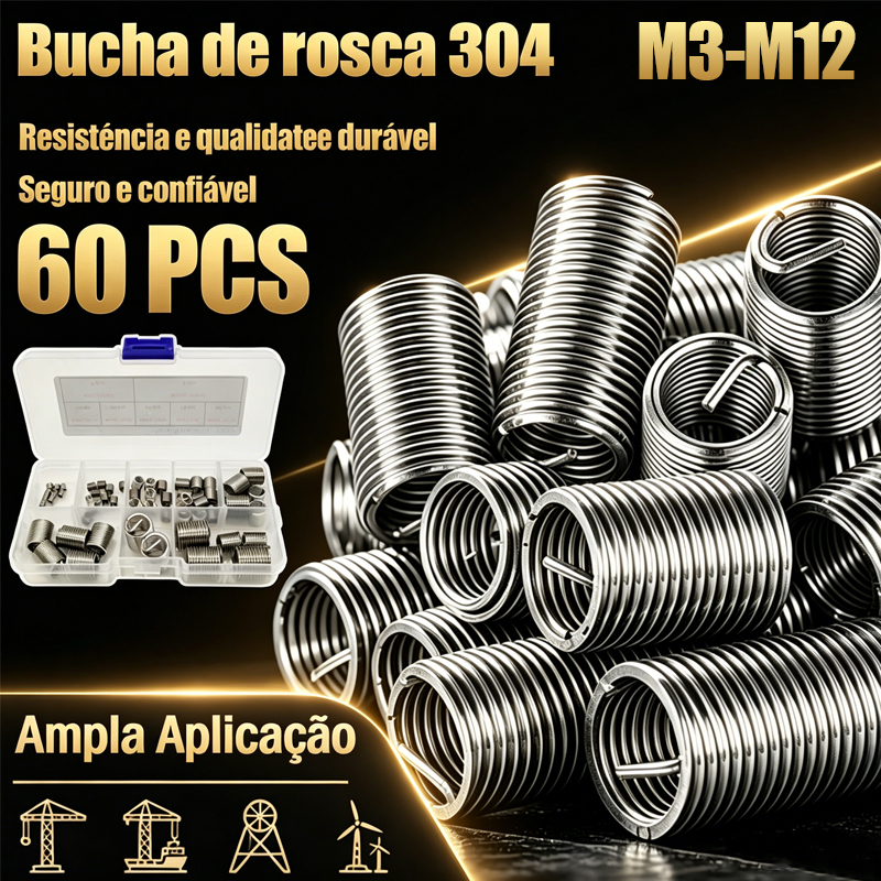 Kit de Reparo de Rosca Helicoidal em Aço Inoxidável 304 - 60 peças, Tamanhos M3 a M12