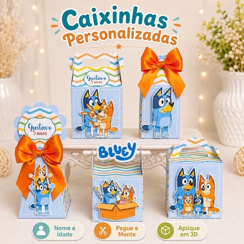 Kit Festa Caixinhas Personalizadas Bluey e Bingo com Nome  Idade - Lembrancinha Infantil Aniversário com Aplique