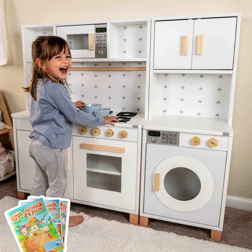 Cozinha Infantil Com Máquina De Lavar Madeira Faz De Conta Chef Montessori Kit Livro