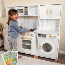 Cozinha Infantil Com Máquina De Lavar Madeira Faz De Conta Chef Montessori Kit Livro