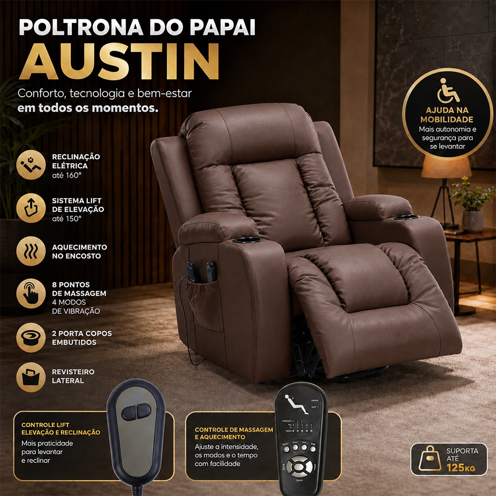 Poltrona Reclinável Poltrona de Massagem Poltrona do Papai Austin Elevação Lift 150º PU Marrom Chocolate G94