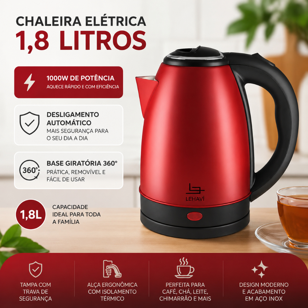 Chaleira Elétrica 1,8L 1000W Aço Inox Desligamento Automático Base 360° Ferve Água Rápido Vermelha
