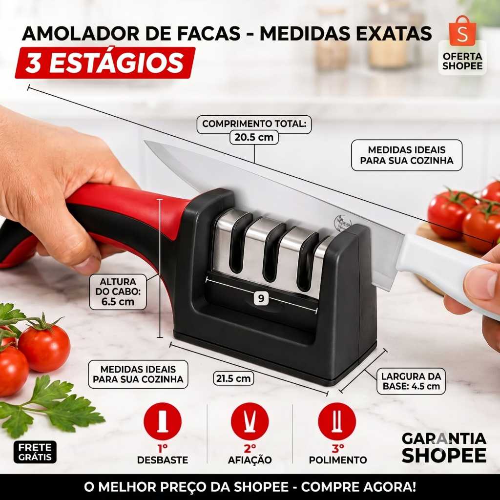 Amolador de Facas Manual 3 em 1 Profissional Afiador de Lâminas  Cozinha Churrasco ,