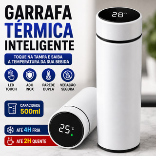 Garrafa Térmica Inox 500ml com Termômetro LED Touch Garrafa Inteligente com Infusor Branco