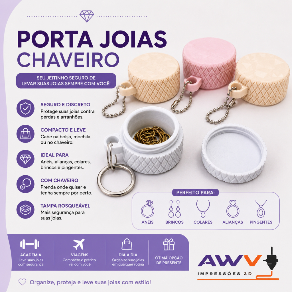 Porta Joias Chaveiro com Tampa Rosqueável | Mini Organizador para Anéis, Colares e Alianças