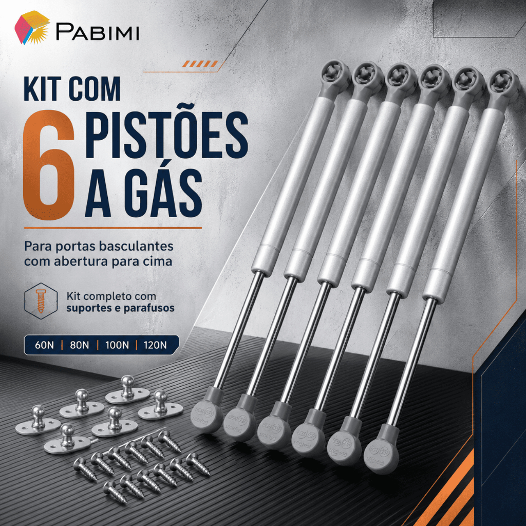 Kit 6 Pistões a Gás Porta Basculante Abertura Para Cima Armário 60N 80N 100N 120N