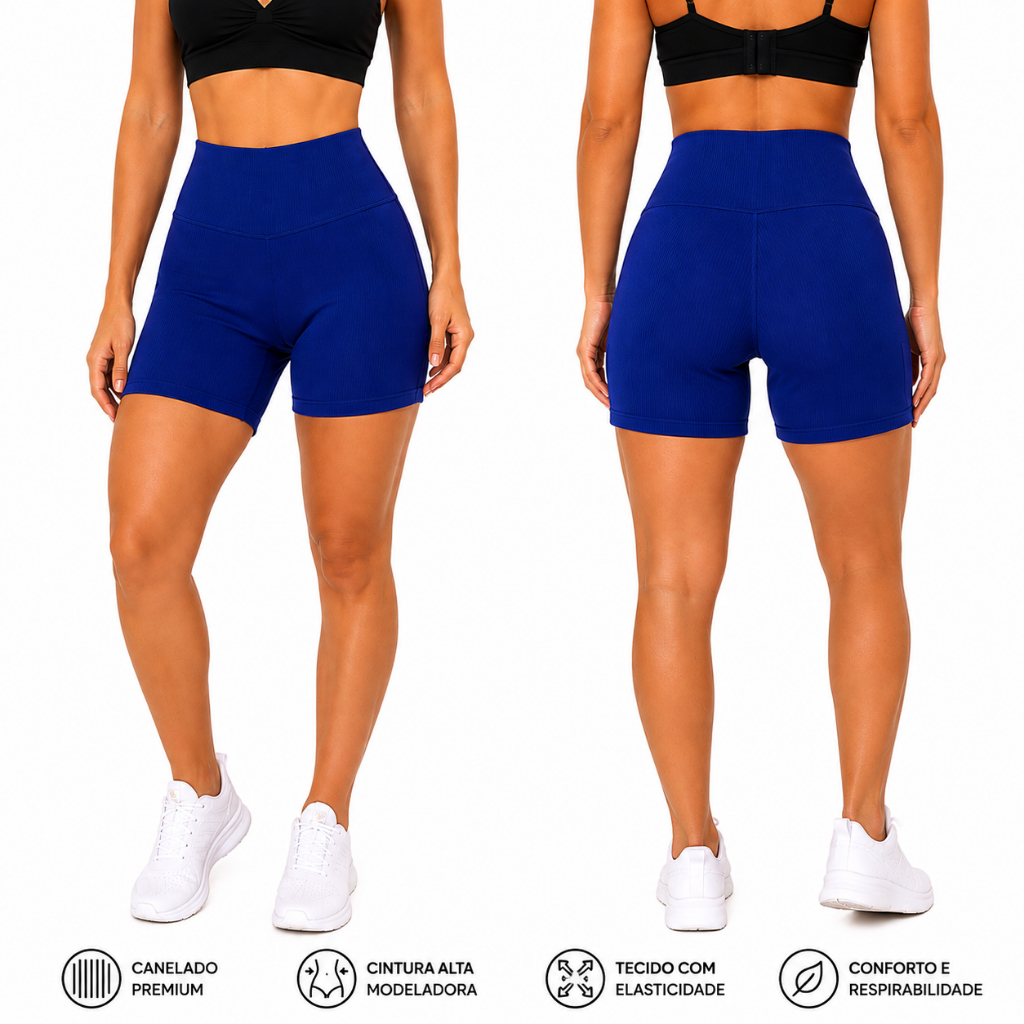 Short Legging Feminina Canelada Sem Costura Poliamida Sem Transparência Cintura Alta p/ Academia e Treino Fitness Yoga