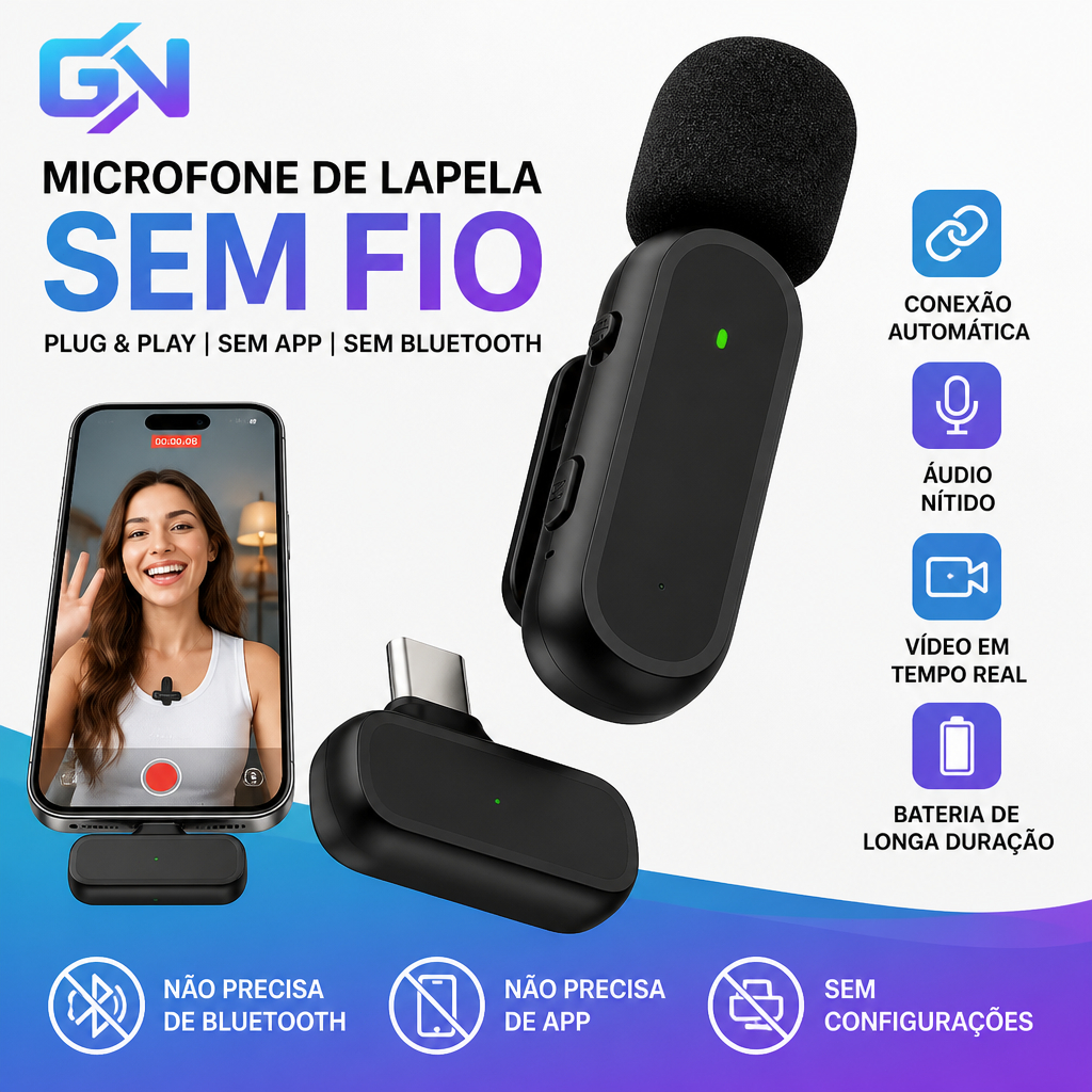 Microfone Lapela Sem Fio com Case de Bateria Tipo C e Lightning para Vlog