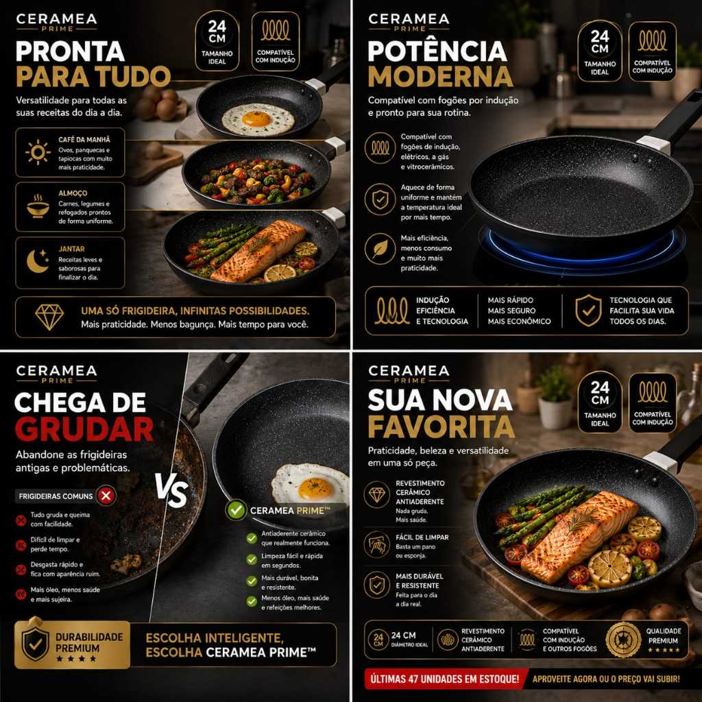 Frigideira Antiaderente 24cm Cerâmica Preta Indução Gás Elétrico Vitrocerâmico Panela Cozinha Fácil Limpeza