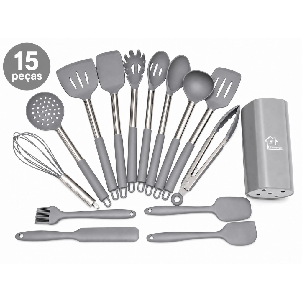 Kit Cozinha De Silicone Cabo De Aço Inox 15 peças Grande Alta Qualidade