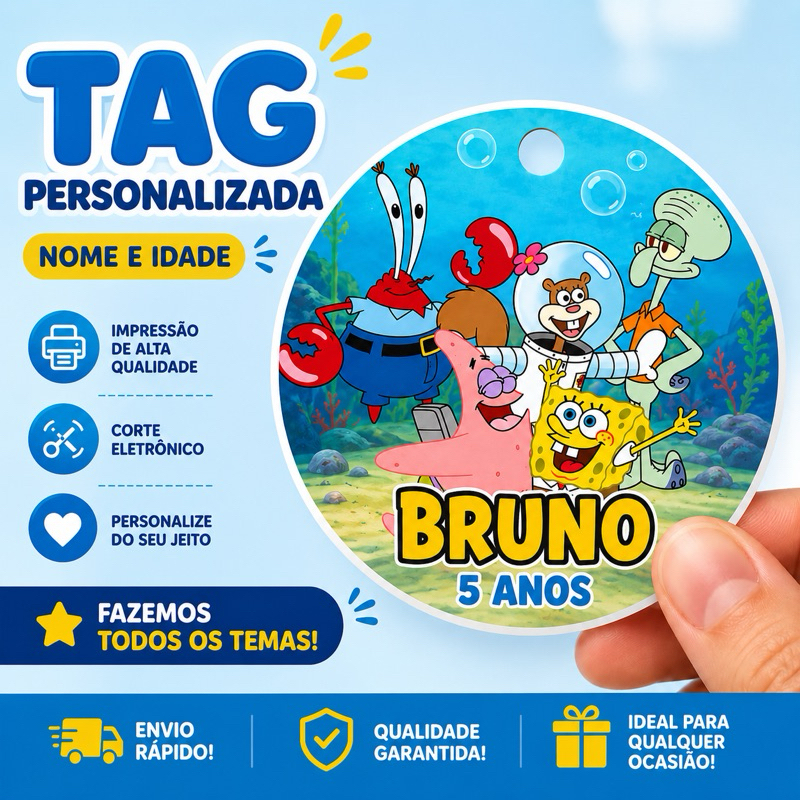 Tag personalizada Bob esponja para aniversário, festas, lembrancinhas. Envio rápido!