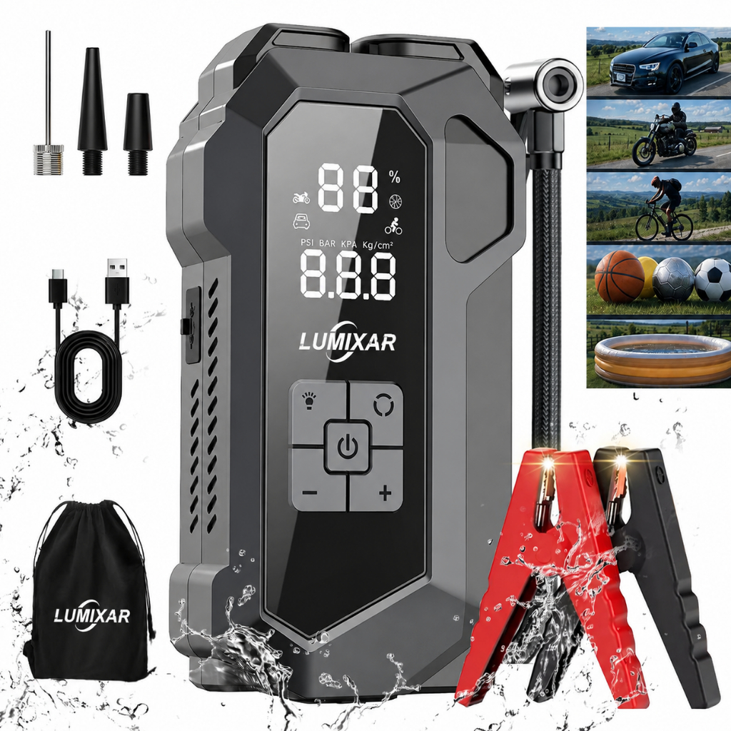 4 em 1 Auxiliar de Partida e Compressor Portátil 26800mAh 150PSI, Carregador de Bateria de Carro, Lanterna LED SOS