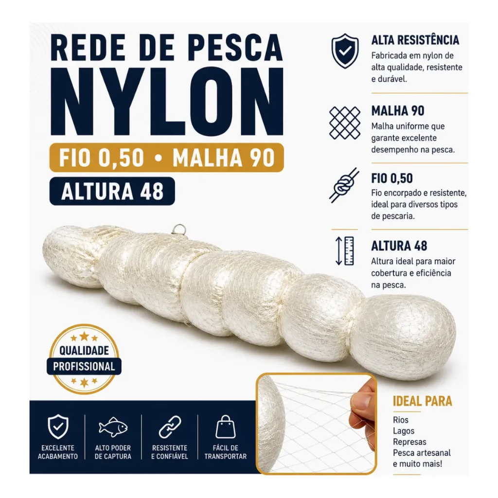 Rede De Pesca Nylon Fio 0,50 Malha 90 Altura 48 — imagem 2 de 2