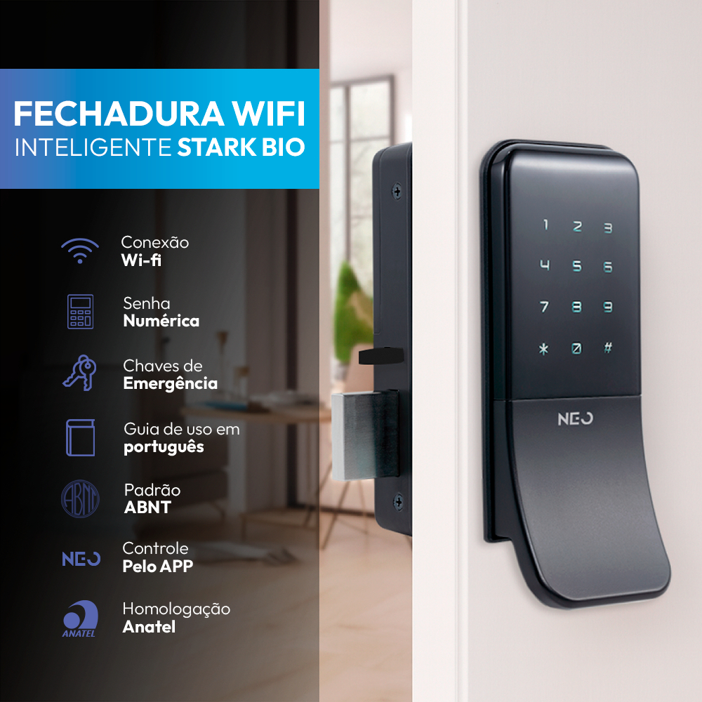 Fechadura inteligente Eletrônica Stark Digital Sobrepor Biometria Senha Tag Wi-fi Preto Neo Avant